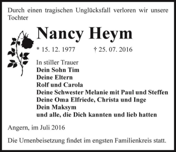 Traueranzeige von Nancy Heym  von Magdeburger Volksstimme