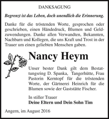 Traueranzeige von Nancy Heym  von Magdeburger Volksstimme