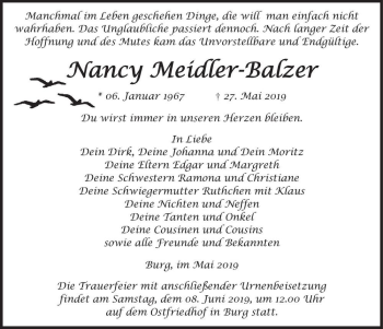 Traueranzeige von Nancy Meidler-Balzer  von Magdeburger Volksstimme
