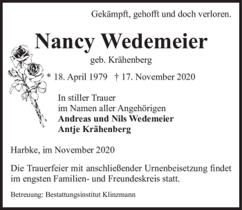 Traueranzeige von Nancy Wedemeier (geb. Krähenberg)  von Magdeburger Volksstimme