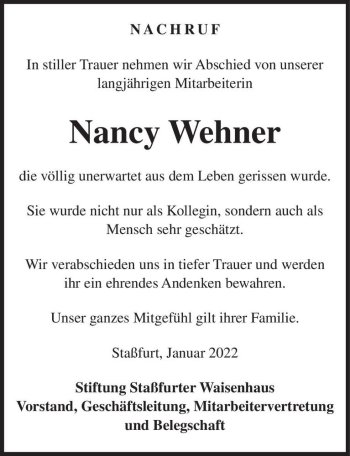 Traueranzeige von Nancy Wehner  von Magdeburger Volksstimme