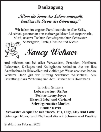 Traueranzeige von Nancy Wehner  von Magdeburger Volksstimme