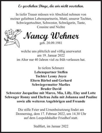 Traueranzeige von Nancy Wehner  von Magdeburger Volksstimme