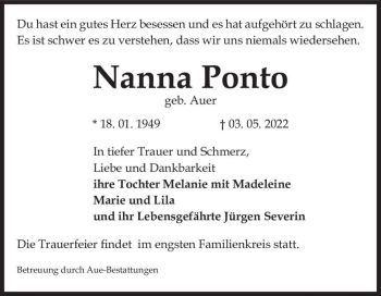 Traueranzeige von Nanna Ponto (geb. Auer)  von Magdeburger Volksstimme
