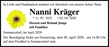 Traueranzeige von Nanni Kräger  von Magdeburger Volksstimme