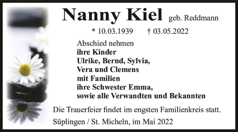  Traueranzeige für Nanny Kiel (geb. Reddmann)  vom 10.05.2022 aus Magdeburger Volksstimme