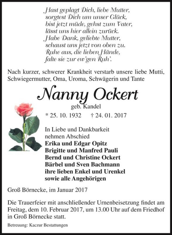  Traueranzeige für Nanny Ockert (geb. Kandel)  vom 31.01.2017 aus Magdeburger Volksstimme