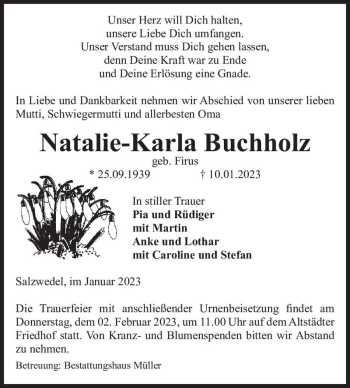 Traueranzeige von Natalie-Karla Buchholz (geb. Firus)  von Magdeburger Volksstimme
