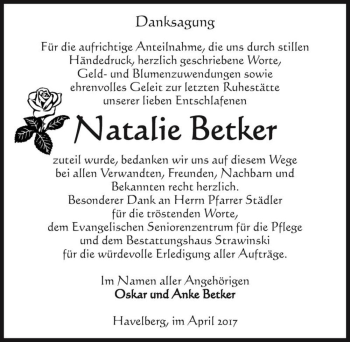 Traueranzeige von Natalie Betker  von Magdeburger Volksstimme