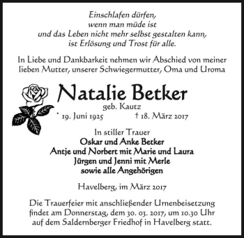 Traueranzeige von Natalie Betker (geb. Kautz)  von Magdeburger Volksstimme