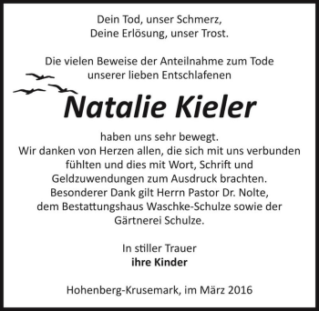 Traueranzeige von Natalie Kieler  von Magdeburger Volksstimme