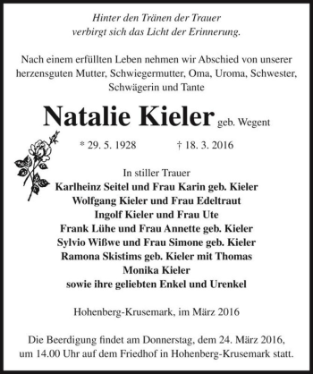 Traueranzeige von Natalie Kieler (geb. Wegent)  von Magdeburger Volksstimme