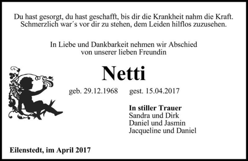  Traueranzeige für Netti  vom 22.04.2017 aus Magdeburger Volksstimme