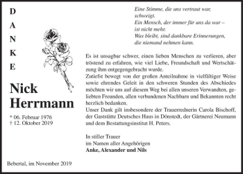 Traueranzeige von Nick Herrmann  von Magdeburger Volksstimme