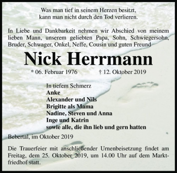 Traueranzeige von Nick Herrmann  von Magdeburger Volksstimme