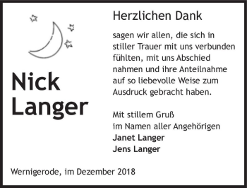 Traueranzeige von Nick Langer  von Magdeburger Volksstimme