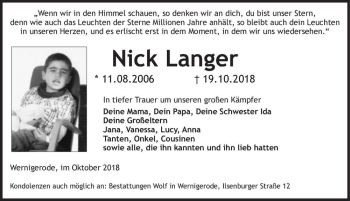 Traueranzeige von Nick Langer  von Magdeburger Volksstimme