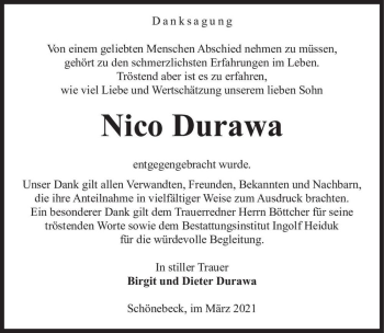 Traueranzeige von Nico Durawa  von Magdeburger Volksstimme