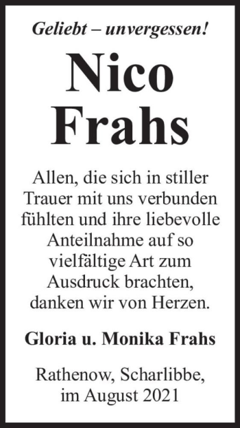 Traueranzeige von Nico Frahs  von Magdeburger Volksstimme