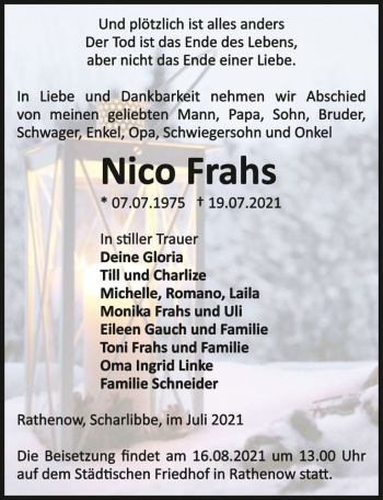 Traueranzeige von Nico Frahs  von Magdeburger Volksstimme