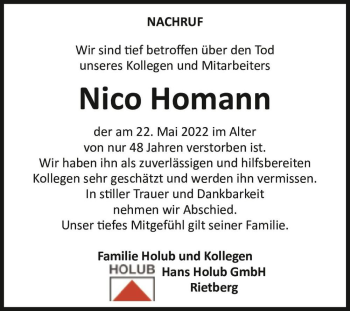 Traueranzeige von Nico Homann  von Magdeburger Volksstimme
