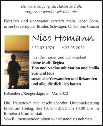 Traueranzeige von Nico Homann  von Magdeburger Volksstimme