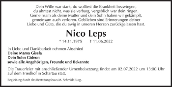 Traueranzeige von Nico Leps  von Magdeburger Volksstimme