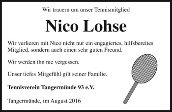 Traueranzeige von Nico Lohse  von Magdeburger Volksstimme