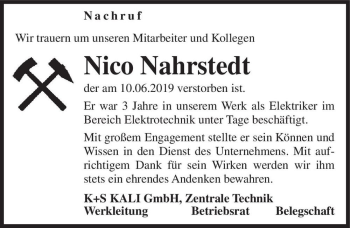 Traueranzeige von Nico Nahrstedt  von Magdeburger Volksstimme