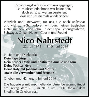 Traueranzeige von Nico Nahrstedt  von Magdeburger Volksstimme
