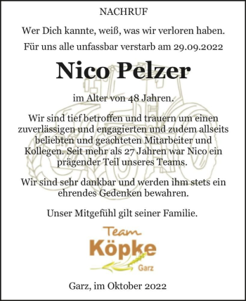 Traueranzeige von Nico Pelzer  von Magdeburger Volksstimme