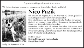 Traueranzeige von Nico Puzik  von Magdeburger Volksstimme
