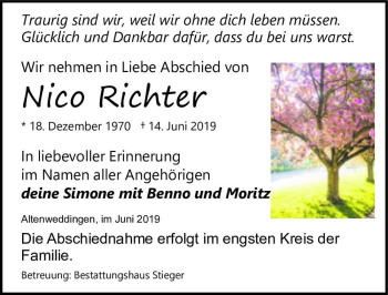 Traueranzeige von Nico Richter  von Magdeburger Volksstimme