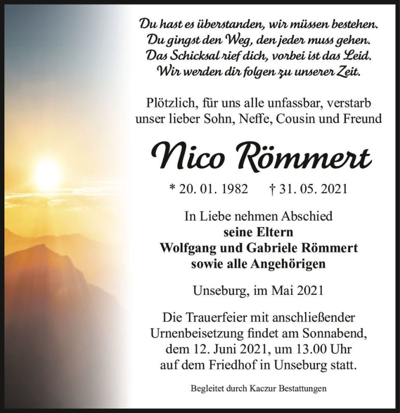  Traueranzeige für Nico Römmert  vom 02.06.2021 aus Magdeburger Volksstimme
