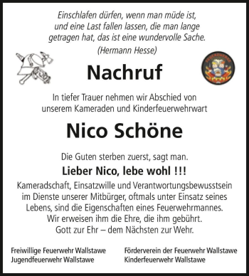 Traueranzeige von Nico Schöne  von Magdeburger Volksstimme