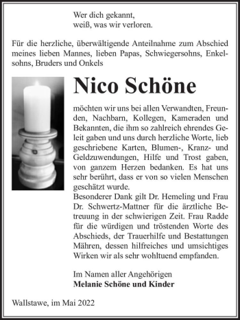 Traueranzeige von Nico Schöne  von Magdeburger Volksstimme