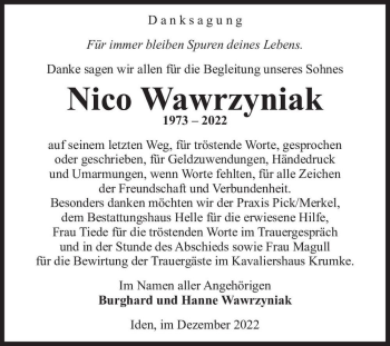 Traueranzeige von Nico Wawrzyniak  von Magdeburger Volksstimme