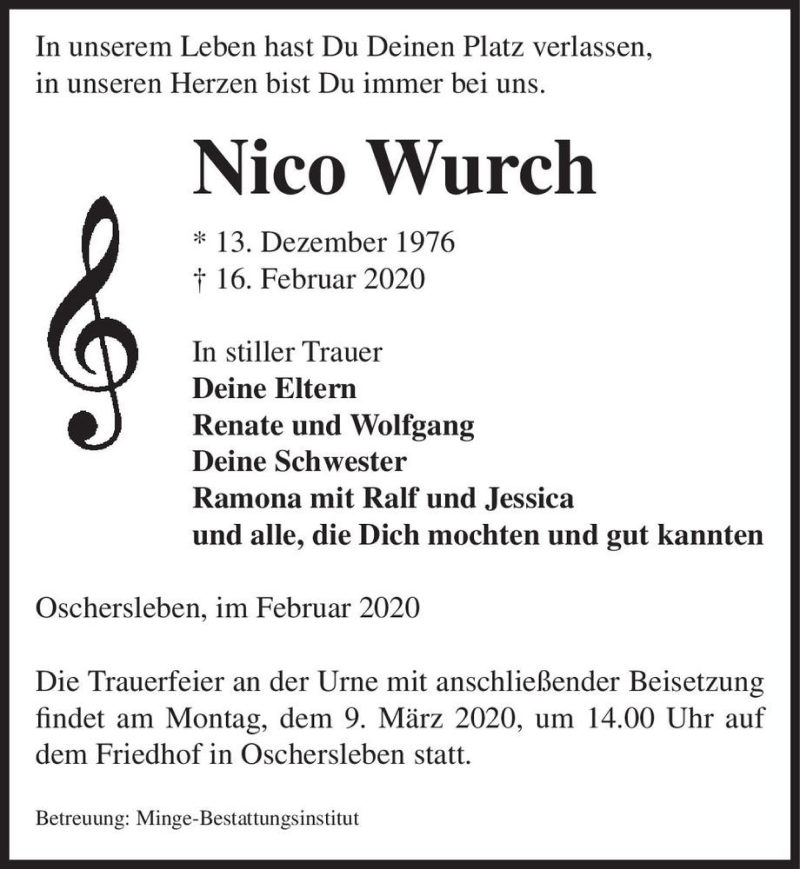  Traueranzeige für Nico Wurch  vom 29.02.2020 aus Magdeburger Volksstimme