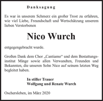 Traueranzeige von Nico Wurch  von Magdeburger Volksstimme