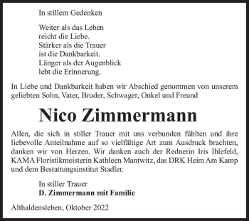 Traueranzeige von Nico Zimmermann  von Magdeburger Volksstimme