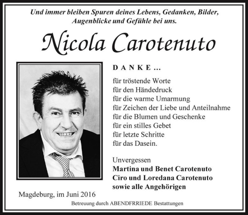  Traueranzeige für Nicola Carotenuto  vom 25.06.2016 aus Magdeburger Volksstimme