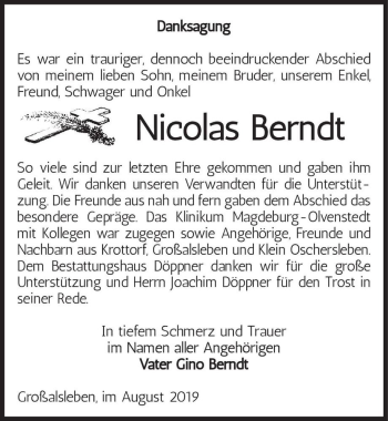 Traueranzeige von Nicolas Berndt  von Magdeburger Volksstimme