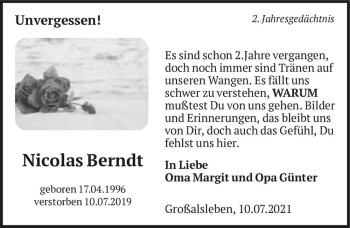 Traueranzeige von Nicolas Berndt  von Magdeburger Volksstimme