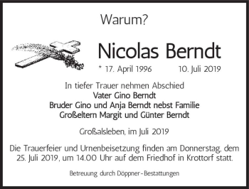 Traueranzeige von Nicolas Berndt  von Magdeburger Volksstimme