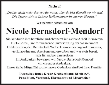 Traueranzeige von Nicole Bernsdorf-Mendorf  von Magdeburger Volksstimme