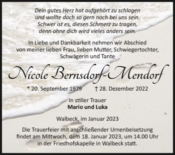 Traueranzeige von Nicole Bernsdorf-Mendorf  von Magdeburger Volksstimme