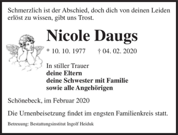 Traueranzeige von Nicole Daugs  von Magdeburger Volksstimme