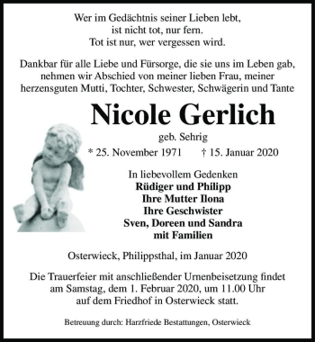 Traueranzeige von Nicole Gerlich (geb. Sehrig)  von Magdeburger Volksstimme