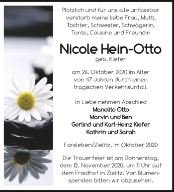 Traueranzeige von Nicole Hein-Otto (geb. Kiefer)  von Magdeburger Volksstimme