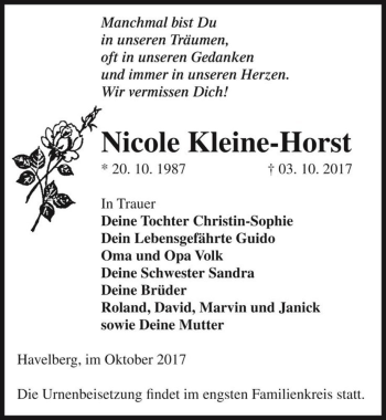 Traueranzeige von Nicole Kleine-Horst  von Magdeburger Volksstimme